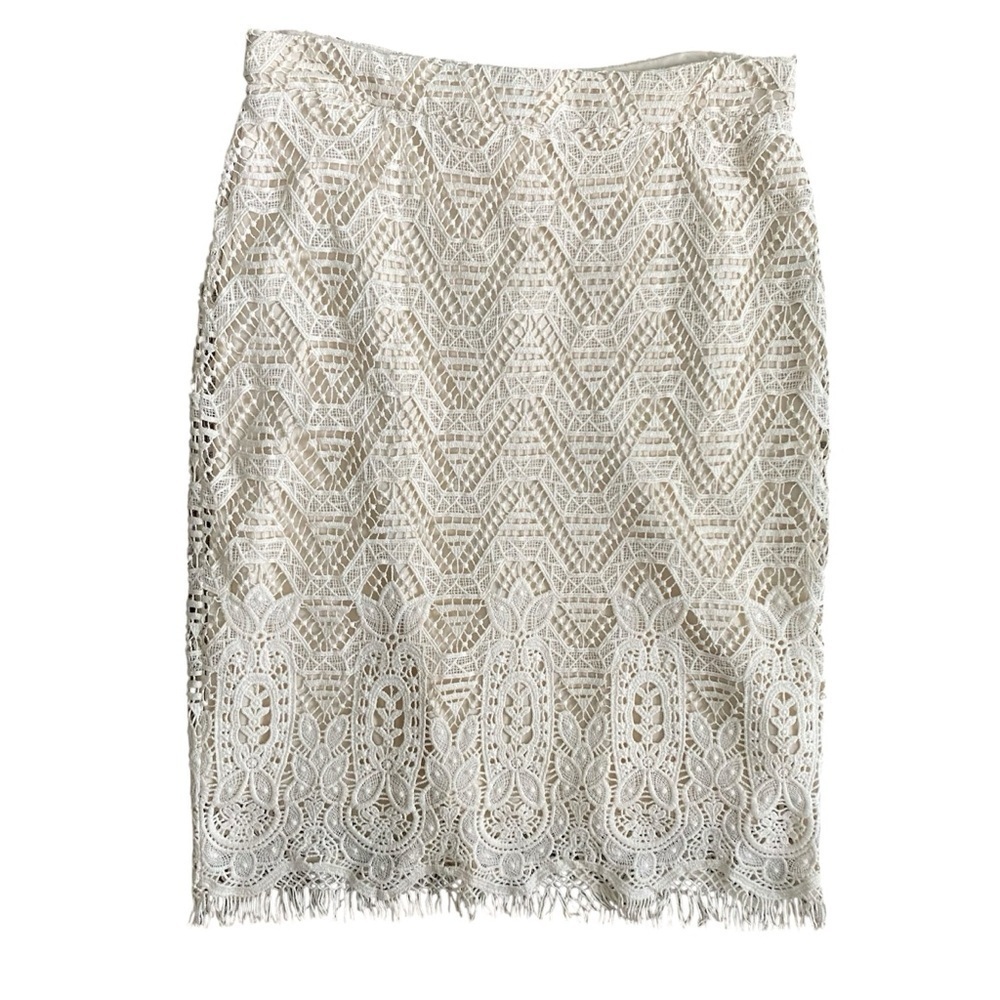 Maeve x Anthropologie Crochet Pencil Skirt Ivory Fringe 8P Petite Boho Coastal - Picture 2 of 13
